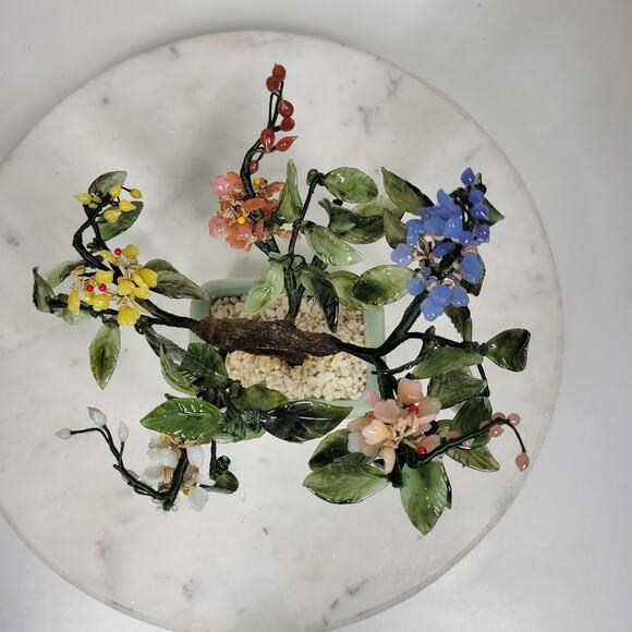 Vintage Bonsai Tree Jade Glass 8" Japanese Oriental Flower Blossom Ceramic Pot - Picture 6 of 15